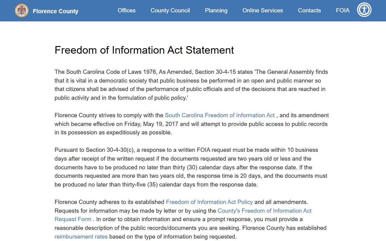 Florence County Clerk of Court county FOIA guidance