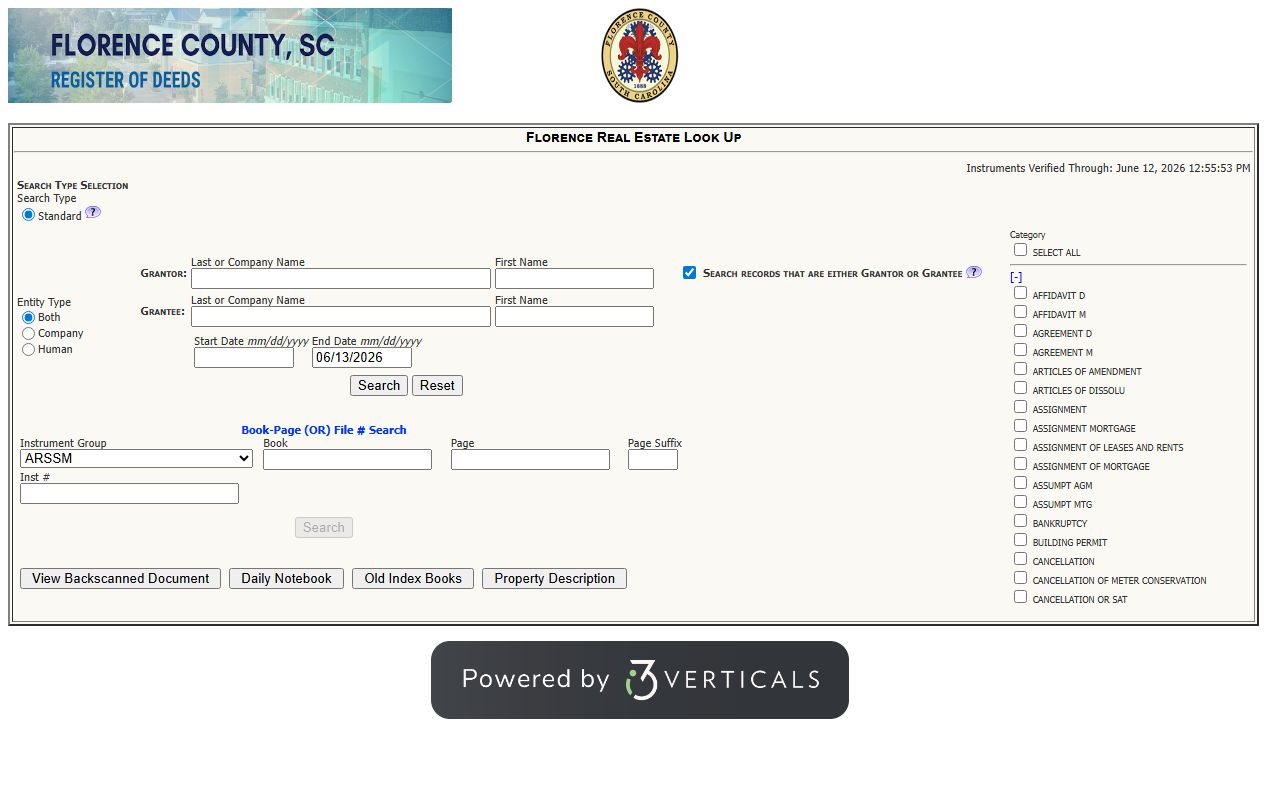 Florence County Clerk of Court ROD name search form