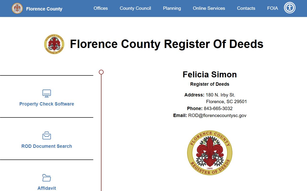 Florence County Clerk of Court Register of Deeds office distinction