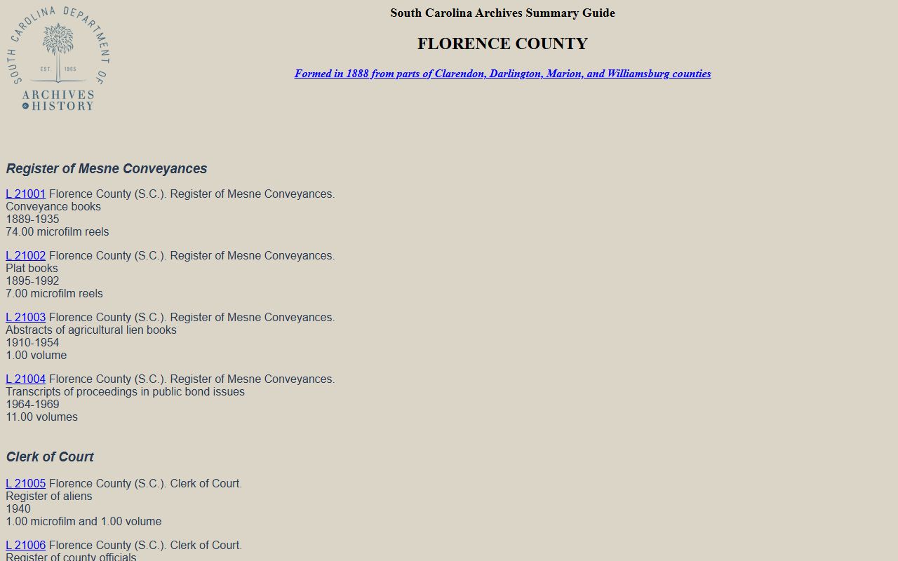 Florence County Clerk of Court State Archives county records guide