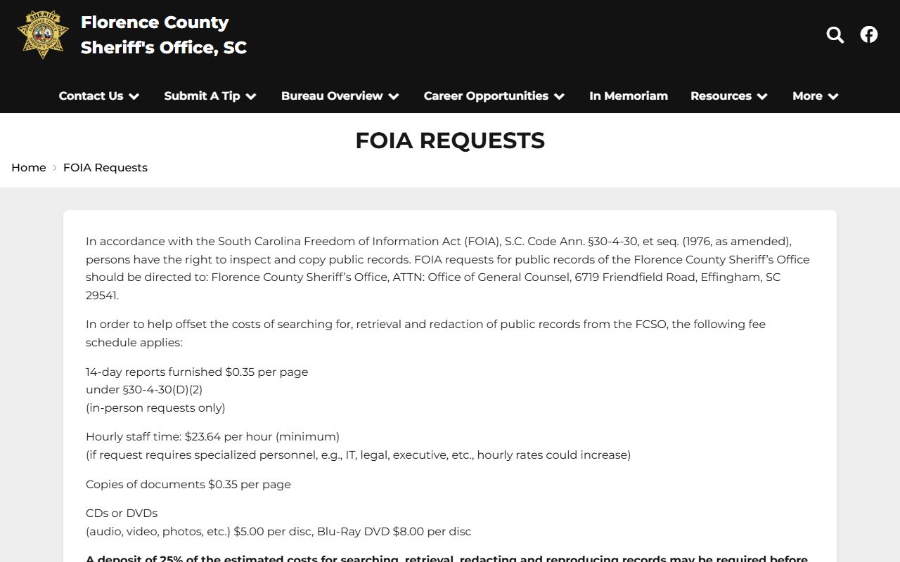 Florence County arrest records FCSO FOIA request instructions
