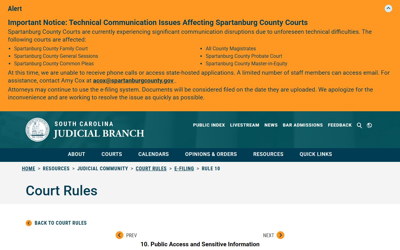 Florence County court records E-Filing Rule 10 public index access