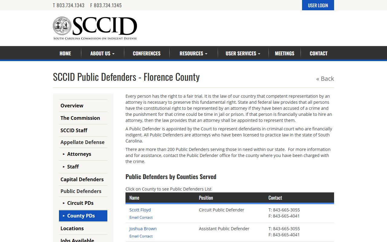 Florence County criminal court records SCCID public defender contact