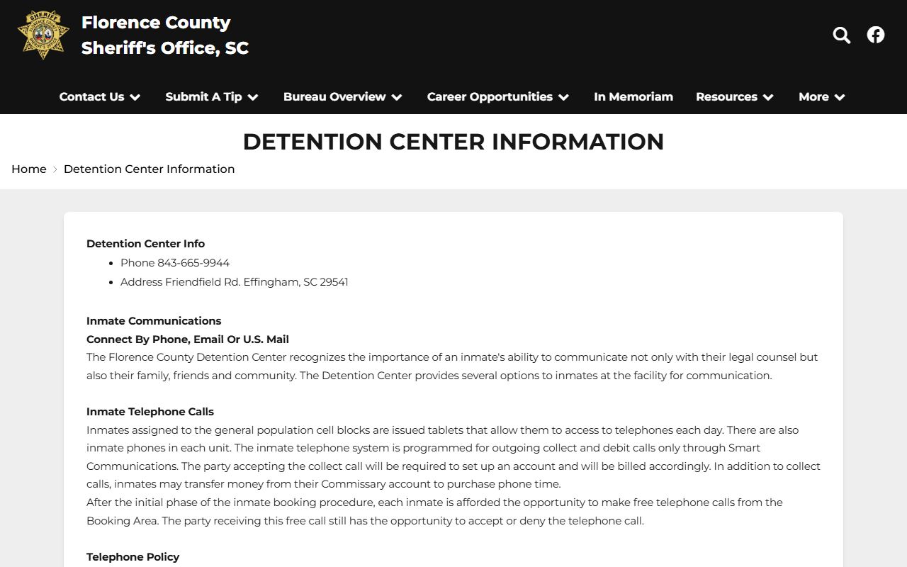 Florence County inmate visitation and mail information