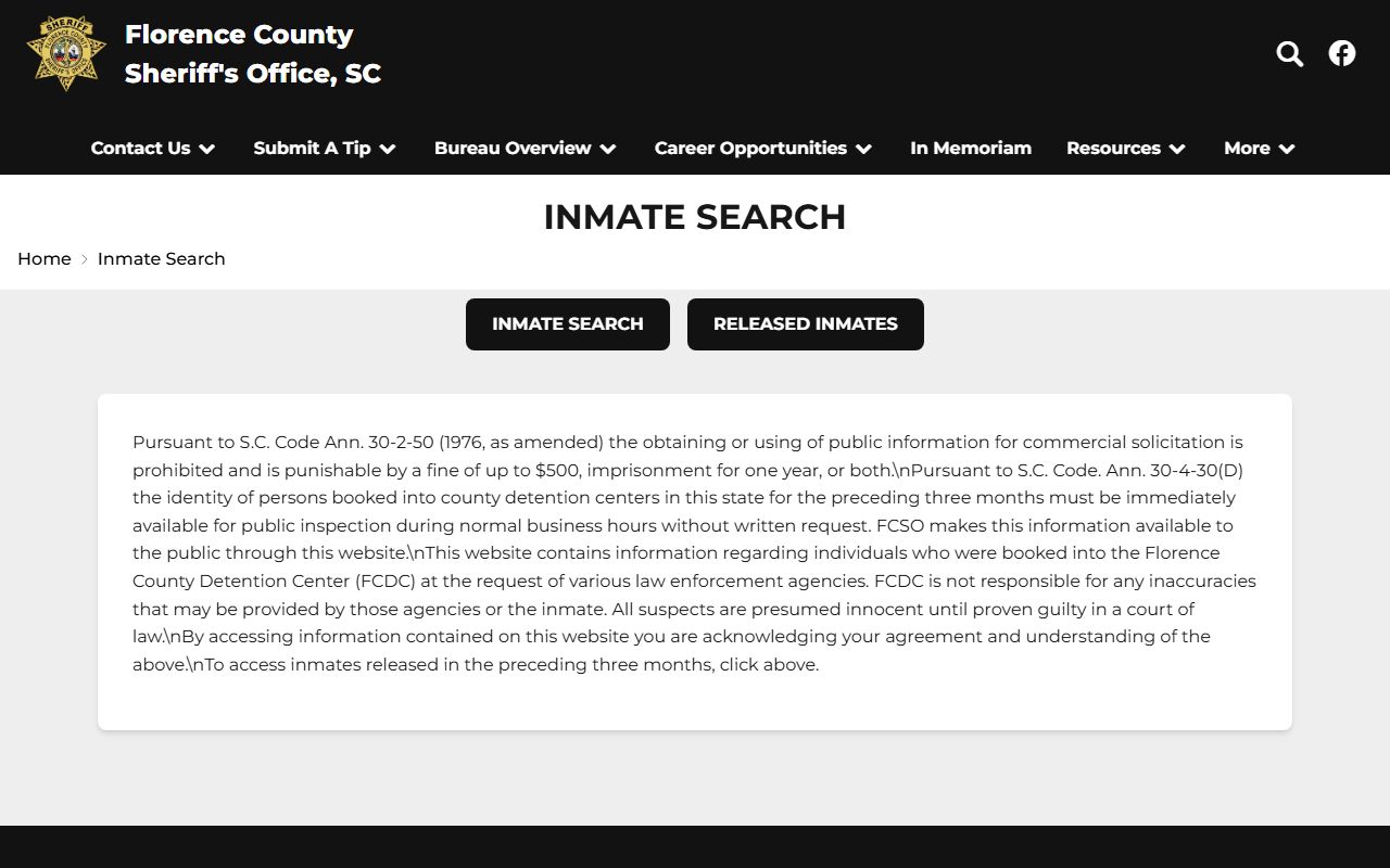Florence County inmate search disclaimer page