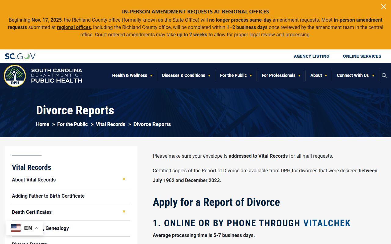 Florence County divorce records DPH divorce report page