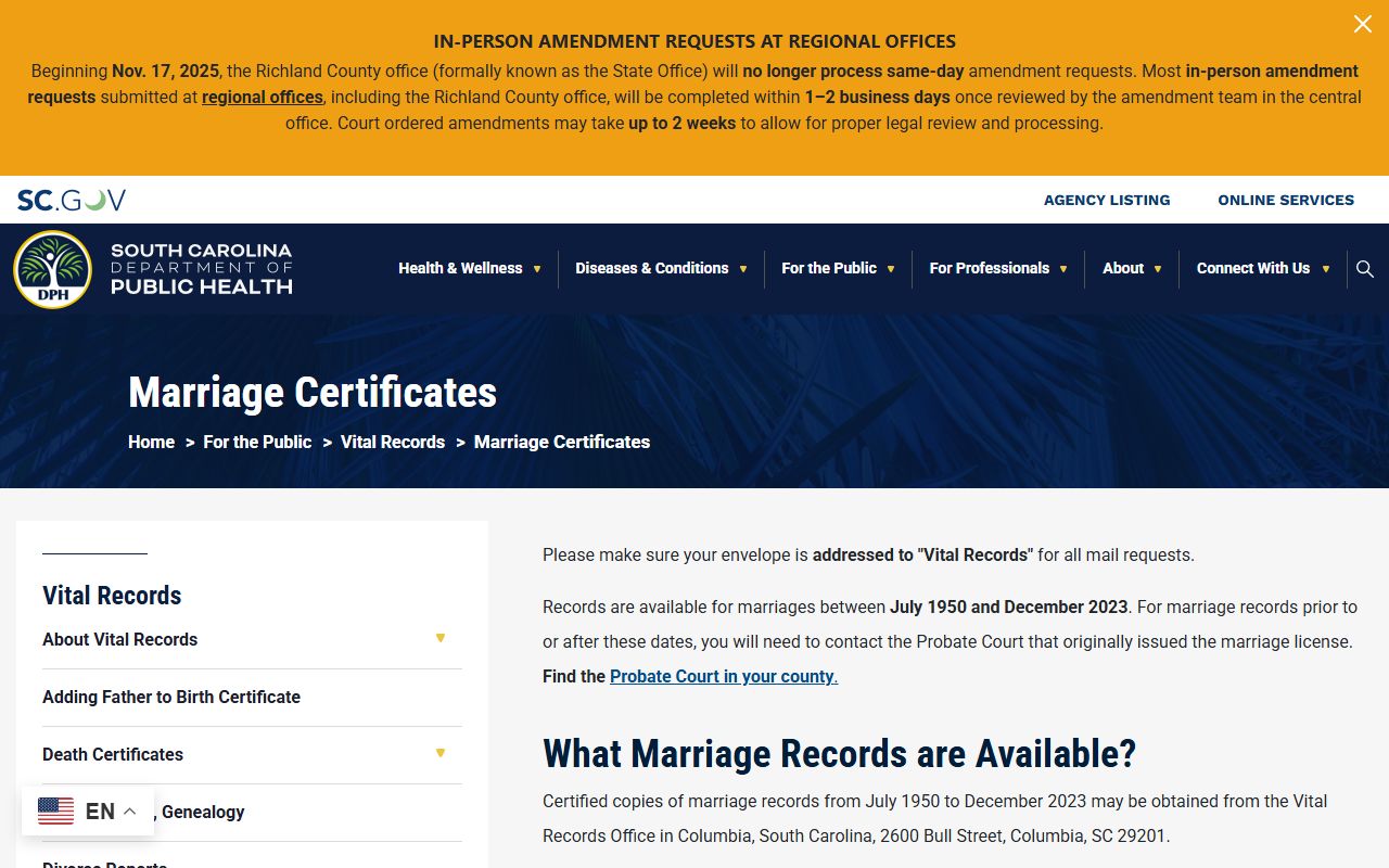 Florence County marriage records DPH marriage certificate page