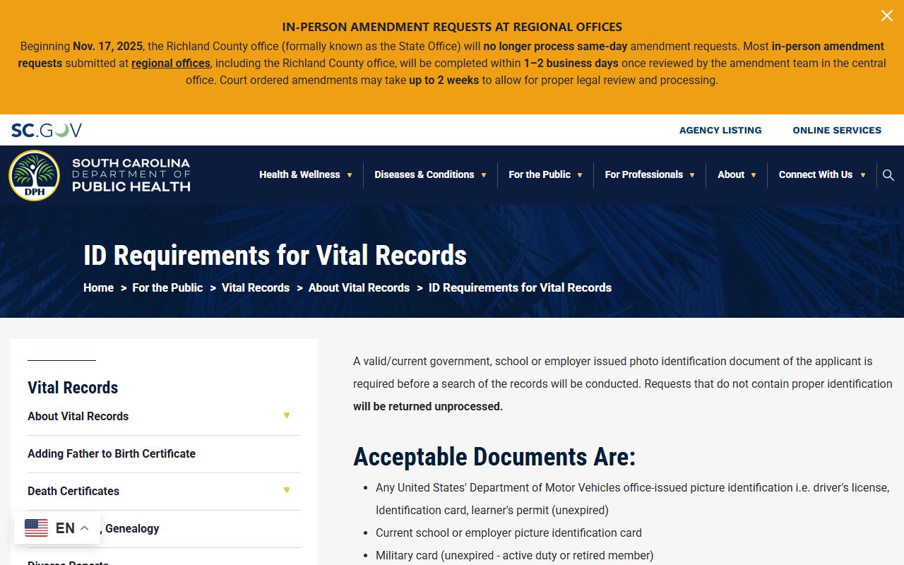 Florence County marriage and divorce records DPH ID requirements