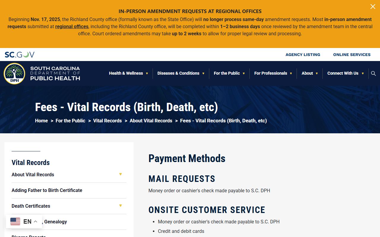 Florence County marriage and divorce records DPH vital-record fees