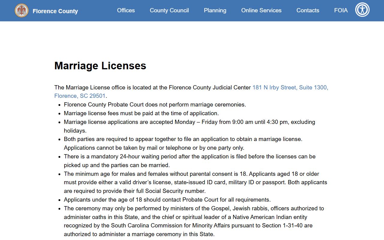 Florence County marriage records Probate Court marriage license page