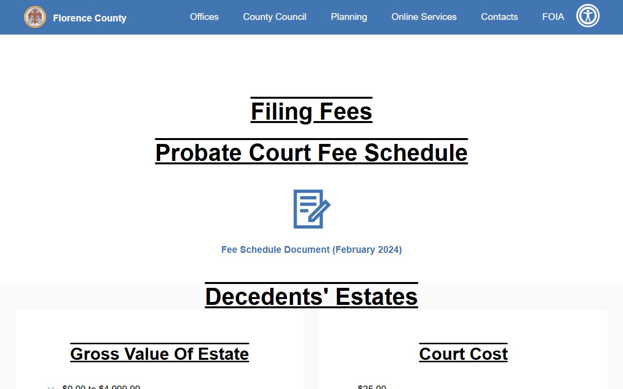 Florence County probate records filing fee page