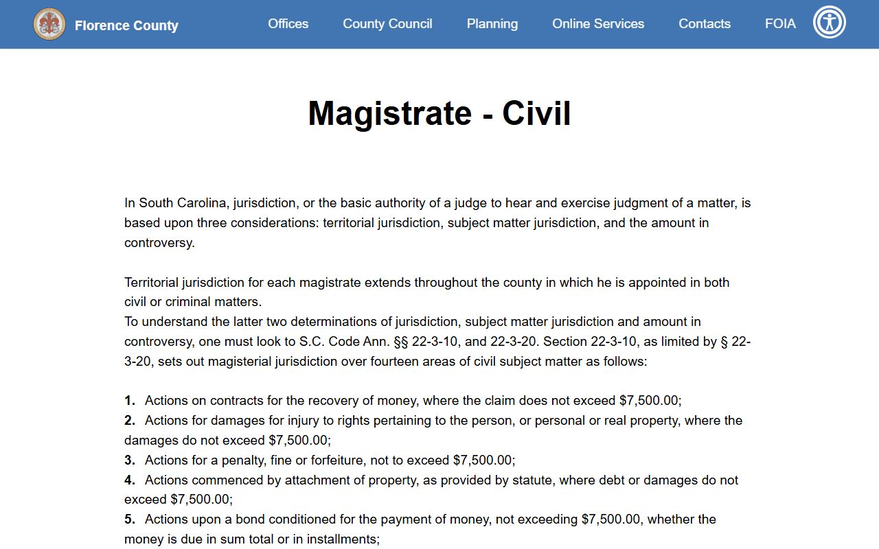 Florence County traffic court records magistrate summary court information