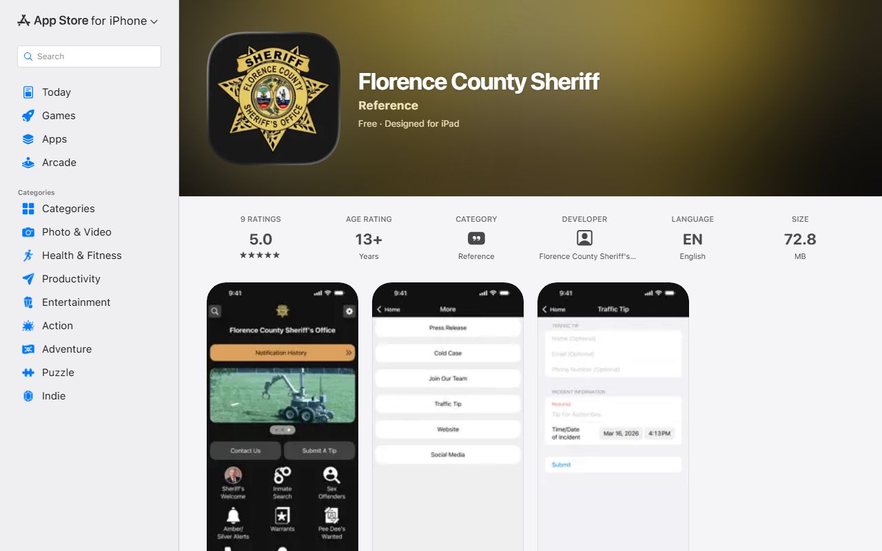 Florence County warrant search Sheriff iOS app
